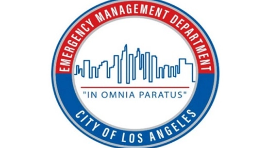 LA City EMD logo with sketch of city skyline and motto: IN OMNIA PARATUS surrounded by red and blue circle
